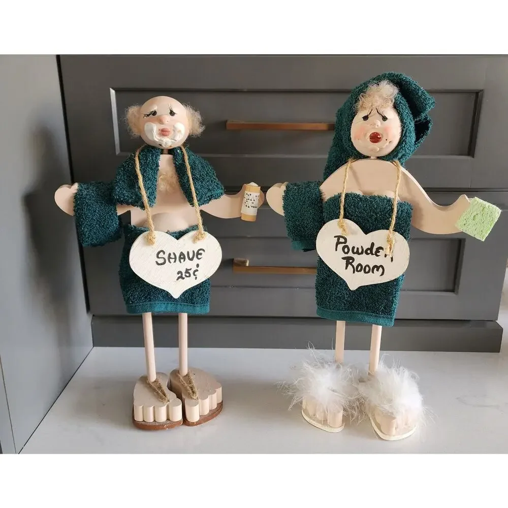 RARE Vintage His & Hers Bathroom Buddy Dolls Whimsical Wooden Folk Art Decor - Picture 2 of 13